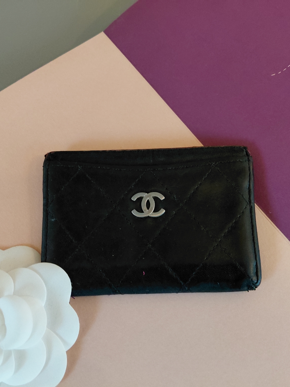 CHANEL Black Quilted Card Case with Silver CC Signature